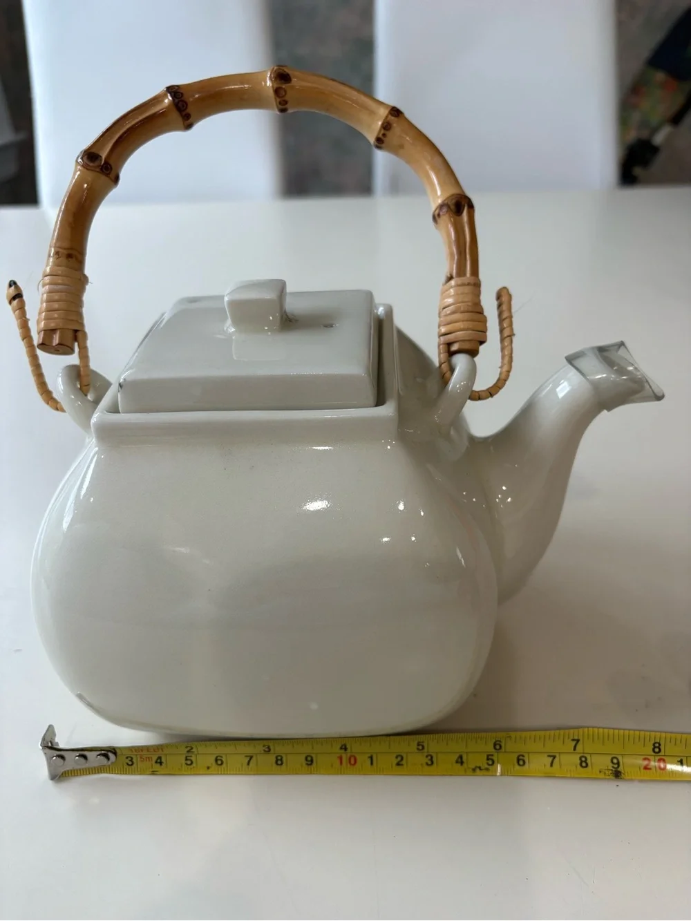 Pottery Barn White Ceramic Teapot with Bamboo Handle